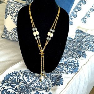 Chains double with toggle clasp gold tone metal creamand grey beads